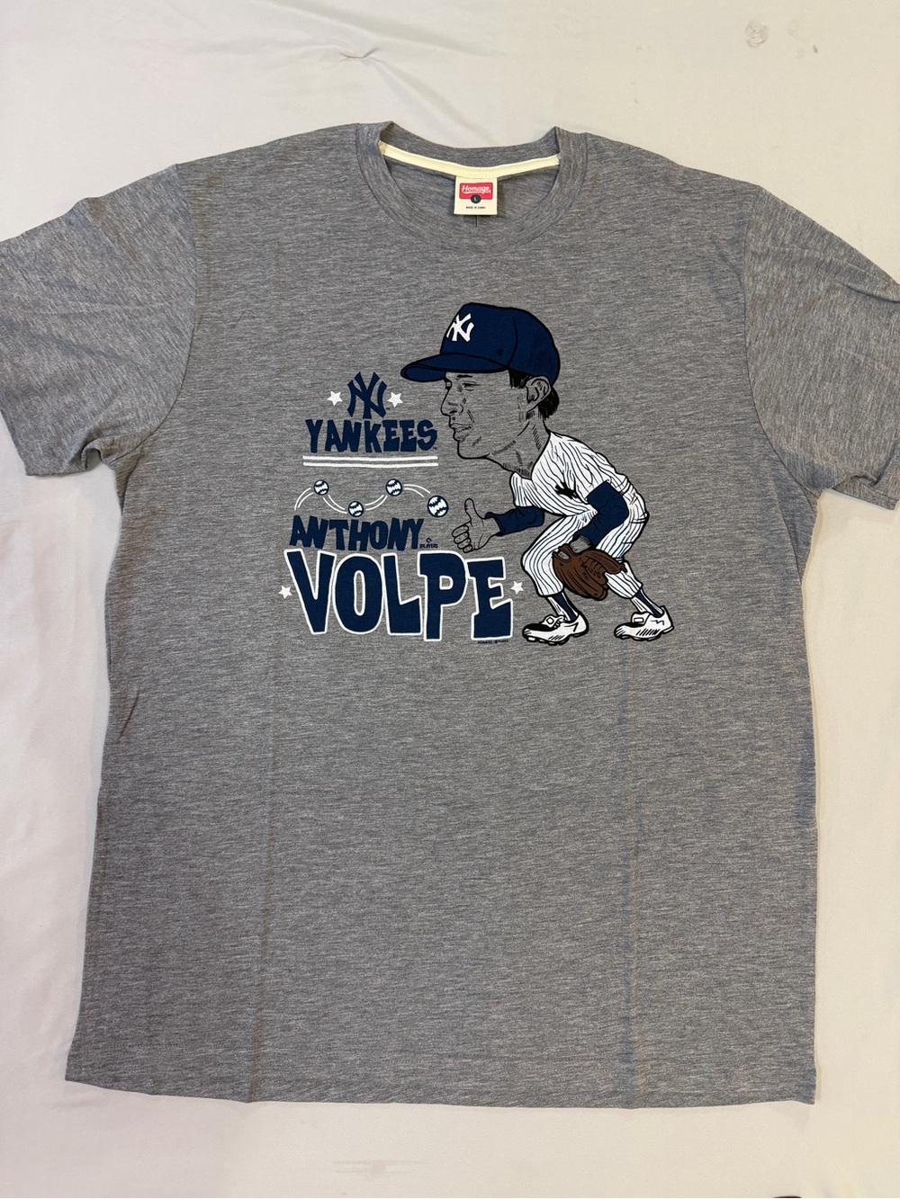 Men's Homage Anthony Volpe Gray New York Yankees Caricature T-Shirt Sz Large